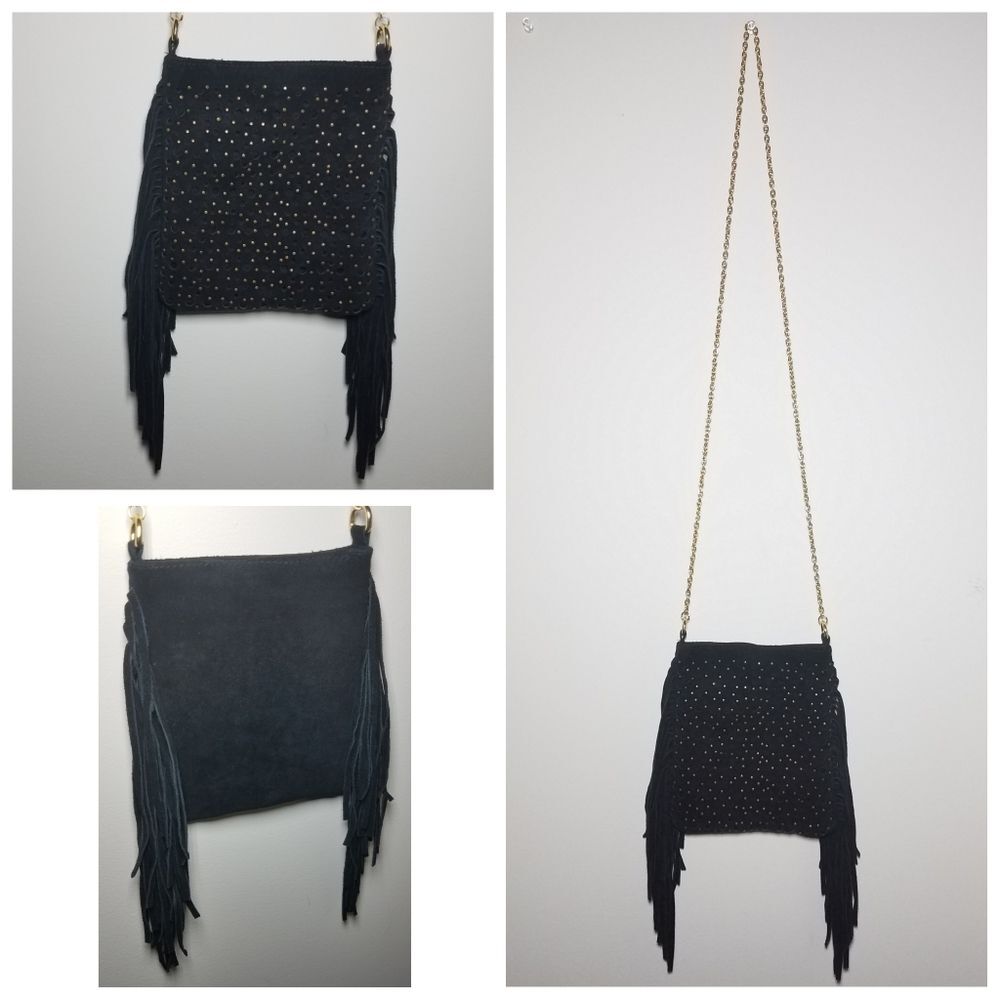 EUC|Boho Black Suede Leather Gold Studded Fringe Bag
